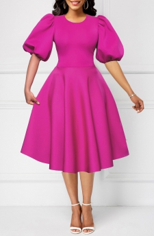 Umbrella Hem Round Neck Hot Pink Dress