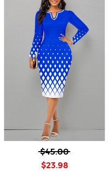 Geometric Print Split Royal Blue Long Sleeve Dress