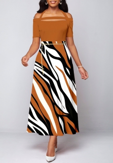 Animal Print Cut Out Light Coffee Halter Dress