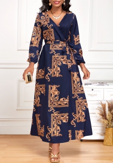 Baroque Print Criss Cross Belted Navy Maxi Dress
