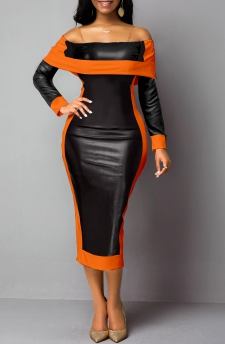Faux Leather Orange Off Shoulder Bodycon Dress
