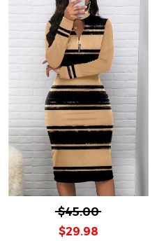 Striped Zipper Light Camel Long Sleeve Bodycon Dress