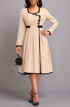 Light Camel Long Sleeve Contrast Binding Dress