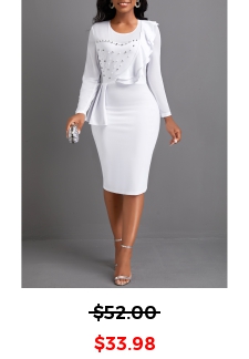 White Round Neck Long Sleeve Pearl Bodycon Dress