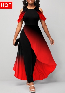Red Plus Size Asymmetry Ombre Short Sleeve Jogger Jumpsuit
