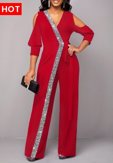 Metal Ring Wine Red Cold Shoulder V Neck Jumpsuit