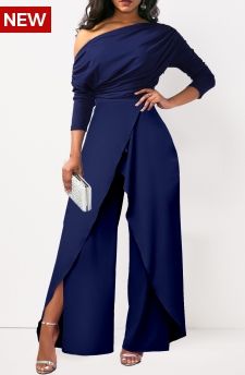 One Shoulder Asymmetry Navy Long Jumpsuit
