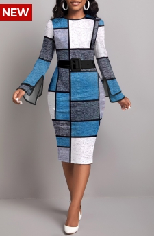 Geometric Print Layered Blue Long Sleeve Dress