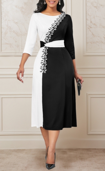 Patchwork Three Quarter Length Sleeve Black Dress