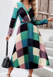 Geometric Print Pleated Multi Color Long Sleeve Dress