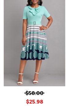 Striped Frill Belted Cyan Peter Pan Collar Dress