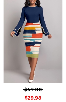 Graffiti Print Patchwork Navy Long Sleeve Bodycon Dress
