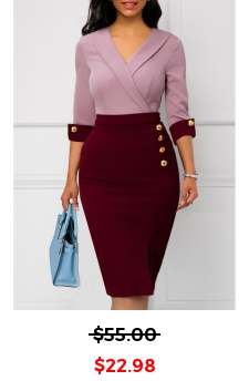 3/4 Sleeve Wine Red Decorative Button Bodycon Dress