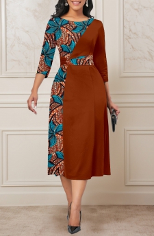 Tribal Print Patchwork Dark Coffee Round Neck Dress