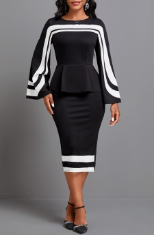 Geometric Print Patchwork Black Long Sleeve Dress
