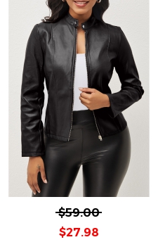 Zipper Stand Collar Long Sleeve Black Jacket