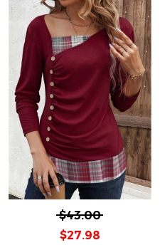 Plaid Patchwork Deep Red Long Sleeve Asymmetrical Neck Sweatshirt