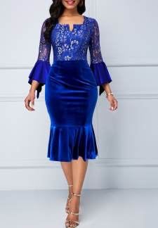 Velvet Royal Blue Three Quarter Length Sleeve Dress