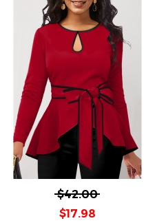 Contrast Binding Belted Red Round Neck T Shirt