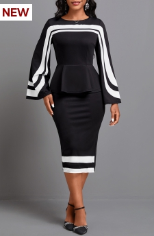 Geometric Print Patchwork Black Long Sleeve Dress