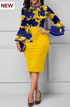 Floral Print Contrast Binding Yellow Long Sleeve Dress
