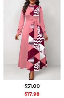 Geometric Print Patchwork Belted Pink Maxi Dress
