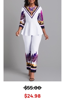 Leaf Print Ruffle White Ankle Length Top and Pants