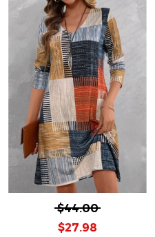 Geometric Print Multi Color A Line Long Sleeve Dress