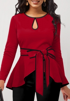 Contrast Binding Belted Red Round Neck T Shirt