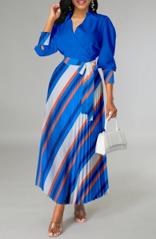 Striped Pleated Belted Royal Blue Cross Collar Dress