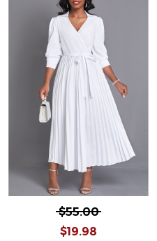 Pleated Belted White V Neck Maxi Dress