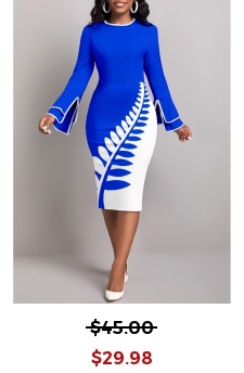 Leaf Print Patchwork Royal Blue Bodycon Dress
