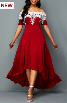 Off Shoulder Lace Panel High Low Dress