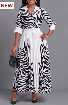Zebra Stripe Print Pleated White Maxi Top and Skirt