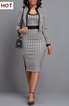 Plaid Split Black Long Sleeve Top and Skirt