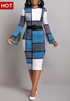 Geometric Print Layered Blue Long Sleeve Dress