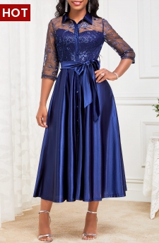 Lace Belted Navy Three Quarter Length Sleeve Dress