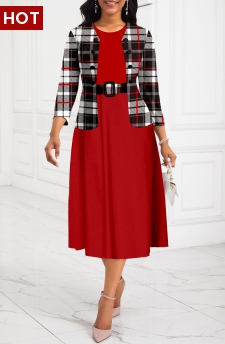 Plaid Two-Piece Belted Red Round Neck Dress and Cardigan