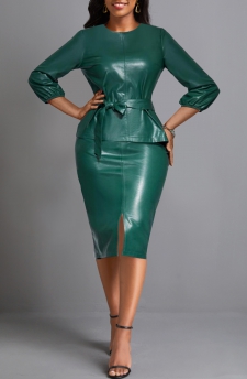 Faux Leather Belted Blackish Green Round Neck Bodycon Dress