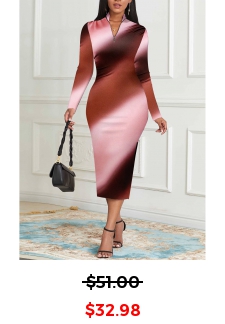 Ombre Zipper Pink Long Sleeve Stand Collar Bodycon Dress