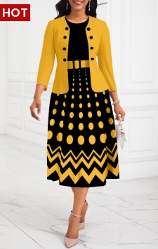 Ombre Two Piece Belted Yellow Round Neck Dress