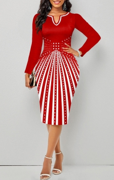 Geometric Print Split Red Long Sleeve Bodycon Dress
