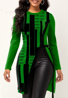 Geometric Print Green Round Neck T Shirt