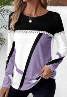 Geometric Print Patchwork Light Purple Long Sleeve T Shirt