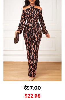 Geometric Print Cut Out Belted Dark Coffee Jumpsuit