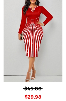 Geometric Print Split Red Long Sleeve Bodycon Dress