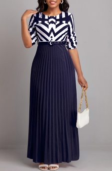 Geometric Print Button Belted Navy Maxi Dress
