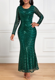 Sequin Round Neck Blackish Green Maxi Bodycon Dress