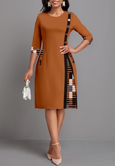 Geometric Print Patchwork Dark Coffee Round Neck Dress