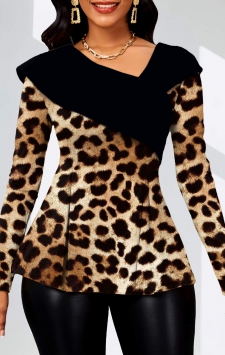 Leopard Asymmetry Dark Coffee Long Sleeve Blouse